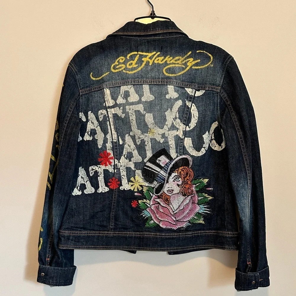 ED HARDY RHINESTONE TATTOO DENIM TRUCKER JACKET | Size Medium | EUC - Picture 9 of 9
